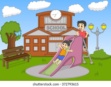 children playing slide on the school cartoon vector illustration