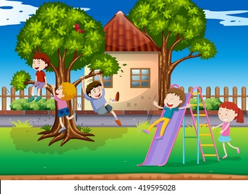 Kids Playing Garden Stock Illustration 1048437022