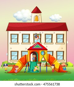 Children playing slide at school illustration