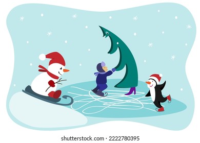 Children playing in the snow. Baby, snowman penguin and tree ride on ice. Winter fun vector illustration. Winter postcard.