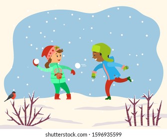 Children playing with snow balls together in snowy park or forest. Kids play snowballs, spend time actively doing winter outdoor activity. Landscape with snowflakes and shrubs. Vector illustration