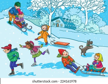 Children playing with snow. Christmas season. Winter activities. Isolated objects on Snow Winter background. Great illustration for school books and more. VECTOR.