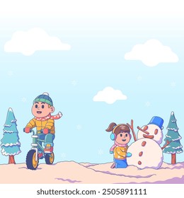 Children Playing In The Snow During Winter Flat Art Vector