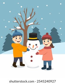 children playing in the snow, kids making snowman with winter background