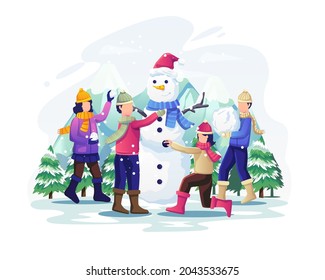 Children playing in the snow and making a snowman on the Christmas holiday. Flat vector illustration