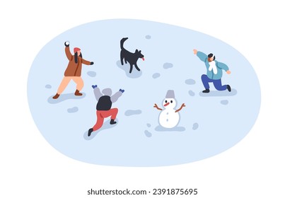 Children playing with snow on winter holidays. Happy active kids during outdoor fun and game with snowballs, snowman in snowy cold weather. Flat vector illustration isolated on white background