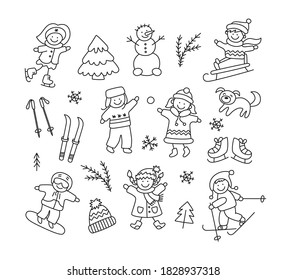 Children playing in the snow, sledding, skiing, skating, snowboarding and set doodle winter objects. Hand drawn snowman, ski, skates, dog. Vector illustration on white background