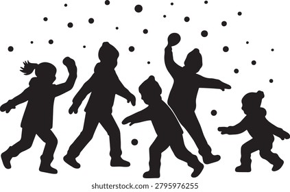 Children playing in the snow throwing snowballs out line silhouette vector art