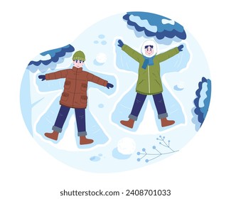 Children playing in the snow together. Kids are having fun outdoors making snow angels, Winter seasonal holiday. Vector illustration