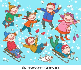 Children playing with Snow. Winter activities. Isolated objects on Snow Winter  background. Great illustration for school books and more. VECTOR.