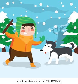 Children playing in snow. Winter illustration series. 