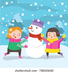 Children playing in snow. Winter illustration series. 