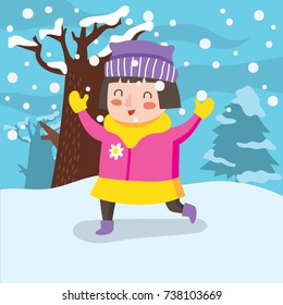 Children playing in snow. Winter illustration series. 