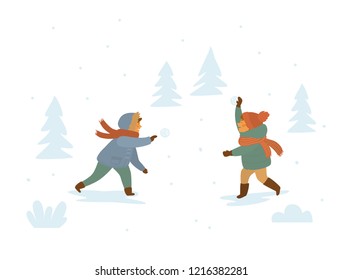 children playing snowball fights isolated vector illustration winter scene