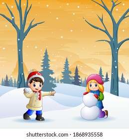 Children playing snowball happily illustration