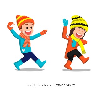 Children playing snowball throwing in winter clothes
