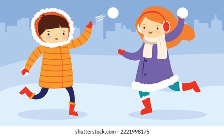 niños jugando bolas de nieve en el entorno de un paisaje invernal