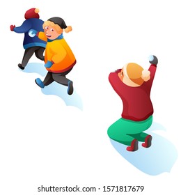 Children playing snowballs cartoon illustration. 