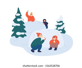 Children Playing Snowballs Vector Illustration. Cheerful Friends Enjoying Snowball Fight. Cartoon Boys And Girs Hiding Behind Snowbank. Happy Childhood Fun. Winter Outdoor Activity.