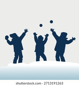 Children playing snowballs in winter flat design vector illustration fly play shadow silhouette dark blue