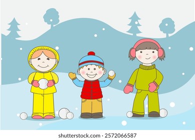 Children playing snowballs in winter, snow in the forest, children in the forest, children in winter, children playing in the snow, snowfall, winter, snowballs, jackets, bright clothes, warm clothes