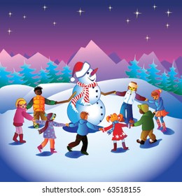 Children playing with snowman