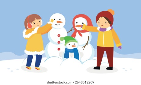 Children playing with snowman. Vector illustration in flat cartoon style.