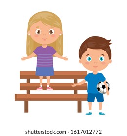 children with playing with soccer ball on park chair vector illustration design