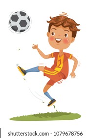 Children playing soccer in a football uniform. Boys with soccer ball do kick on the lawn. The health and potential of children. Vector cartoon illustrations isolated on white background.