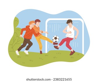 Children playing soccer, kicking ball on field playground. Boys play sport competitive game on park. Goalkeeper and football players. Kids running, outdoor sport activity vector flat illustration