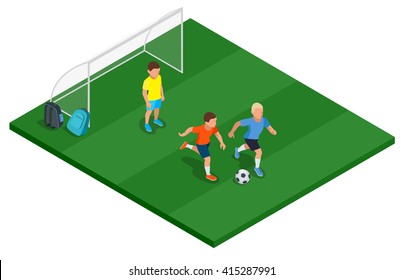 Children playing soccer outdoors. Flat 3d vector isometric illustration.