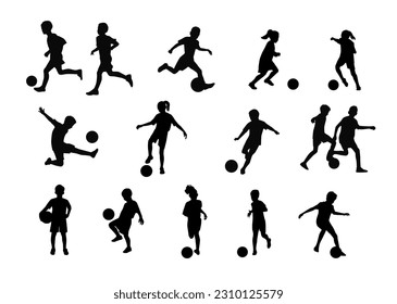 Children playing soccer vector silhouettes