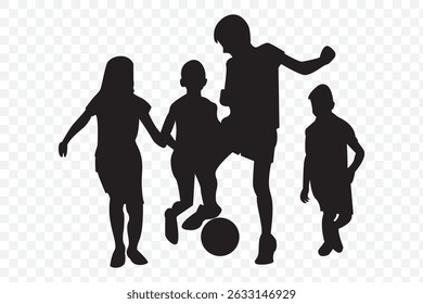 Children playing soccer vector silhouettes Children going to school, pupils and parents silhouettes on Transparent Background. EPS 10.