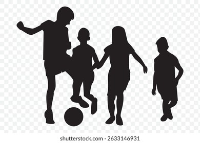 Children playing soccer vector silhouettes Children going to school, pupils and parents silhouettes on Transparent Background. EPS 10.