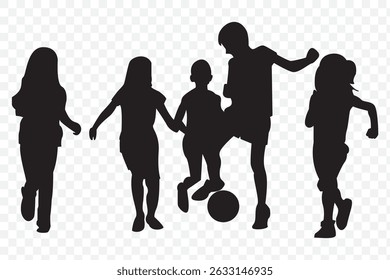 Children playing soccer vector silhouettes Children going to school, pupils and parents silhouettes on Transparent Background. EPS 10.