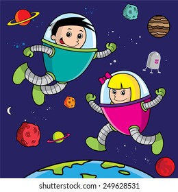 children playing space between rockets and planets above the earth