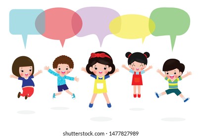 Children playing with speech bubbles, stylish children jumping with speech bubble, child talking with speech balloon isolated on white background,Vector Illustration