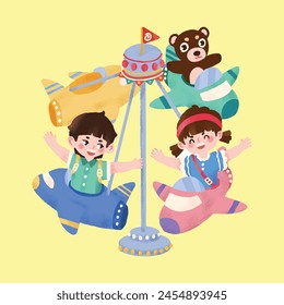 Children playing spinner plane with teddy bears in the playground