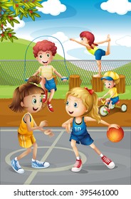 Children playing sport at the court illustration