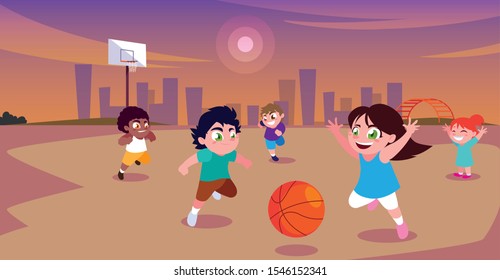 Children Playing And Playing Sports In The City Park Vector Illustration Design