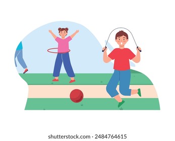 Children playing sports in a city park, a little boy jump rope and a girl hula hoop. Character design. Vector data illustration