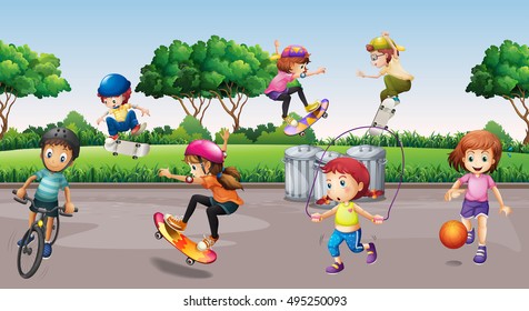 Children playing sports in the park illustration