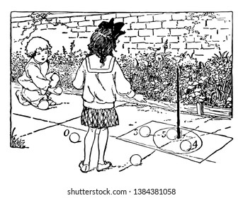 Children are playing a Stick Game using their hands, vintage line drawing or engraving illustration.