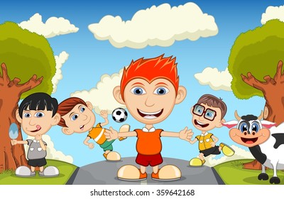 Children playing at the street waving their hand, eating ice cream and playing soccer with cow cartoon vector illustration