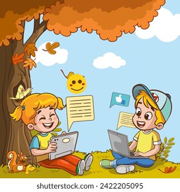 Children playing and studying with gadgets. Cartoon kids using tablet, smartphone and laptop. Child digital addiction, relaxed vector characters