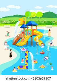 Children Playing at a Summer Water Playground and Splash Park Illustration
