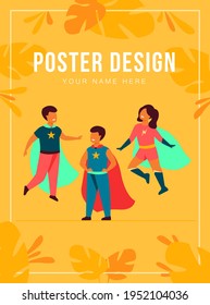 Children Playing Superhero Characters. Cheerful Kids Wearing Super Hero Costumes With Cape, Standing, Jumping And Flying With City Scape In Background. For Comic Book, Entertainment, Game Concept