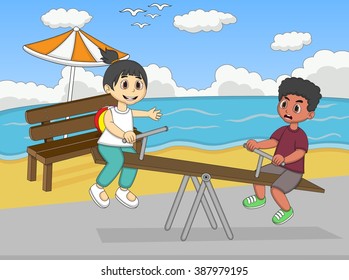 Children playing teeter at the beach cartoon vector illustration