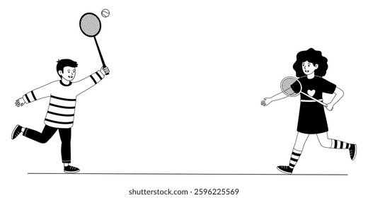 Children playing tennis and having fun on a sunny day in a park