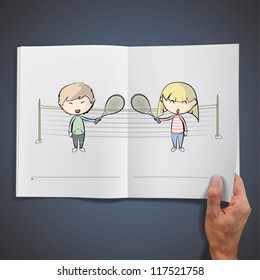 Children playing tennis inside a book. Vector Design